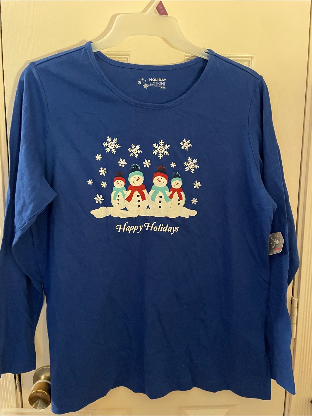 Holiday Editions Blue Long Sleeve 'Happy Holidays' Snowman Tee XL Women’s New